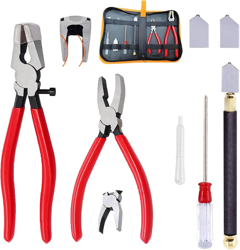 Tayfeim Glass Cutters Tools Set Glass Cutting Tool kit Glass Cutter Glass Running Pliers Breaker Grozer Pliers Stained Glass Tools with Curved Jaws Zipper Package - Image 1